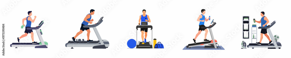 Fototapeta premium Set of diverse men running and walking on treadmills in a gym setting, flat vector illustration isolated on white background.