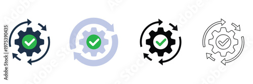 Execution icon, gear process cycle, task action, and business operation symbols, various style icon design