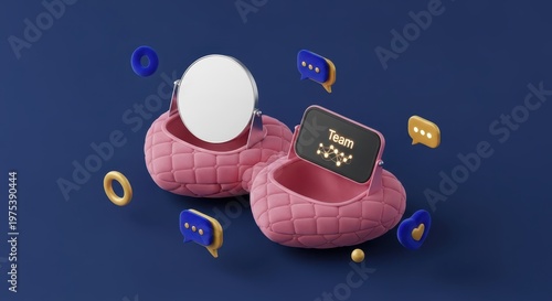 Digital communication concept with mirrors and speech bubbles in 3d