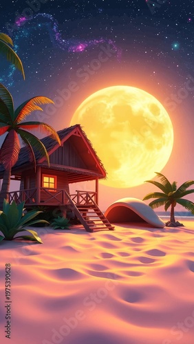 Cozy Beach Hut on Sandy Dunes Under a Gigantic Moon and Twinkling Galactic Sky