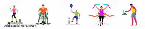 Diverse people participating in a marathon race illustration set including wheelchair athlete, senior runner, hydration station, and a woman crossing the finish line.
