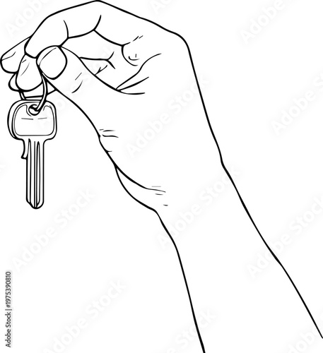 Hand Drawn Hand Holding Key Black and White Illustration in Minimal Line Art Style Design