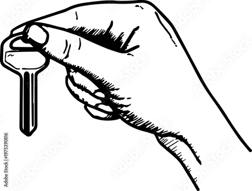 Hand Drawn Hand Holding Key Black and White Illustration in Minimal Line Art Style Design