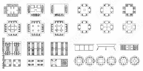 Architectural floor plans and furniture layouts in black and white