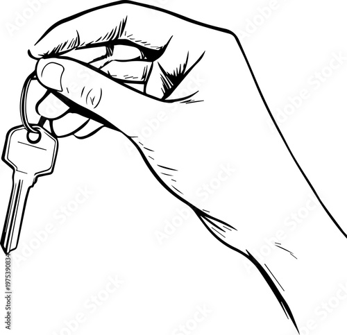 Hand Drawn Hand Holding Key Black and White Illustration in Minimal Line Art Style Design