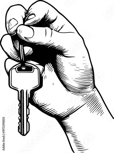 Hand Drawn Hand Holding Key Black and White Illustration in Minimal Line Art Style Design