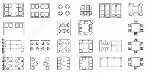 Architectural floor plans depicting furniture layouts for various spaces