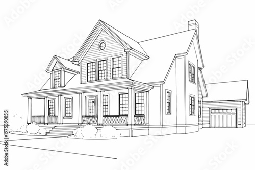 Detailed architectural sketch of a classic two story home with a porch