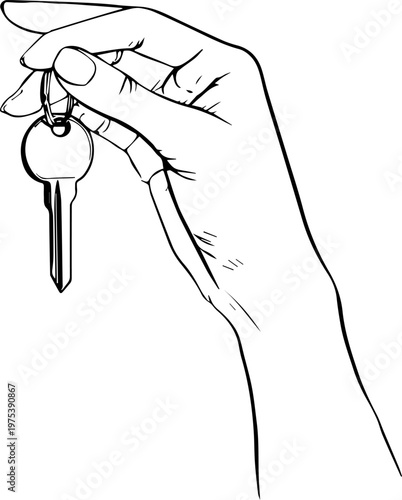 Hand Drawn Hand Holding Key Black and White Illustration in Minimal Line Art Style Design