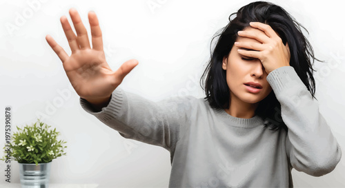 Stressed Woman Covering Face with Hand in Grey Sweater