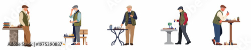 Flat Vector Illustration Set of Elderly Men Playing Chess and Thinking Strategically in a Park Setting