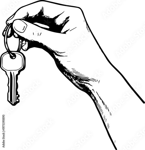 Hand Drawn Hand Holding Key Black and White Illustration in Minimal Line Art Style Design
