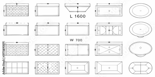 Technical drawings of various concrete or stone block designs and dimensions