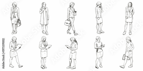 Stylized sketches of fashionable women in business attire full body views