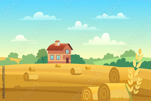 A peaceful countryside scene featuring hay bales and a charming farmhouse