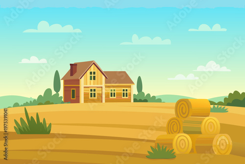 A quaint farmhouse sits amongst golden fields and stacked hay bales