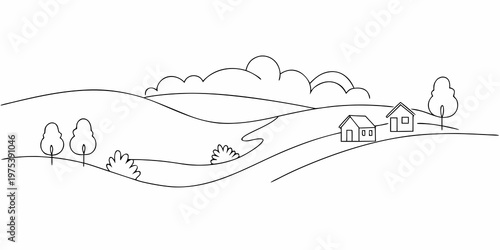 Simple line drawing depicts a rural landscape with houses and trees