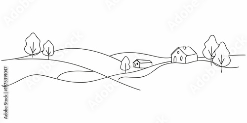 Simple line drawing of a rural landscape with houses and trees