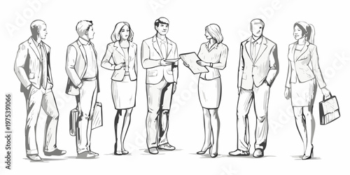 A group of business professionals standing together in a sketched illustration