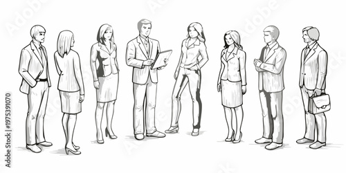 Group of business professionals standing together in a sketched illustration