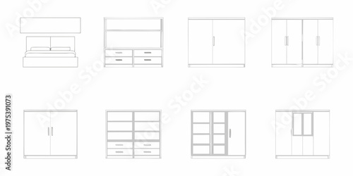 Line drawing of bedroom furniture including beds and various wardrobes