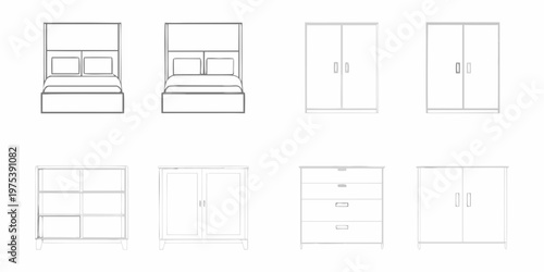 Line drawing of bedroom furniture including beds wardrobes and storage