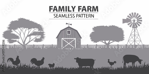 A grayscale farm scene with barn windmill and various farm animals