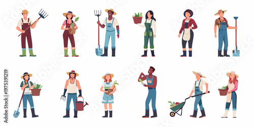 Diverse group of farmers and gardeners tending to plants and tools