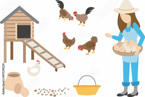 A farmer tending to chickens near a coop and scattered feed