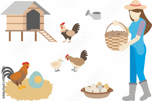 A farmer with chickens eggs and a rustic chicken coop illustration