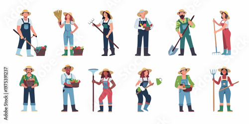 Diverse group of farmers and agricultural workers with various tools