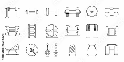 Black and white line drawing of various gym and fitness equipment