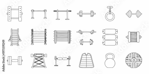 Various gymnastic apparatuses illustrated in a technical drawing style