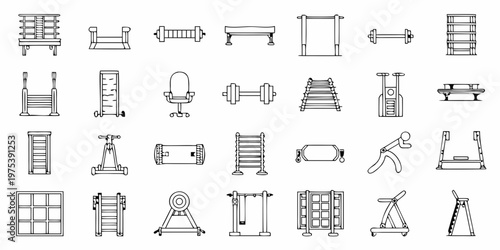 Line drawing of various equestrian show jumping obstacles and equipment