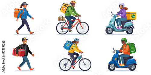 Modern delivery and courier character illustrations with bicycles, scooters, and packages. Ideal for logistics, e-commerce, transportation apps, and service-related design content.