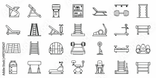 Collection of black and white line art icons depicting various gym equipment