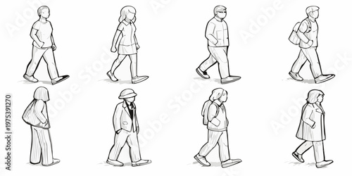 Sketch of eight people walking in various casual outfits