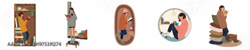 Collection of flat vector illustrations depicting a young woman reading, writing, and relaxing in various cozy indoor settings with a hygge aesthetic.