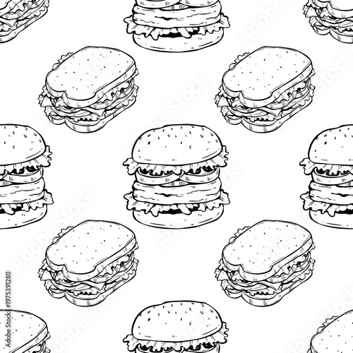 Hand Drawn Burger and Sandwich Seamless Pattern