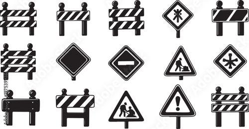 Construction Road Signs and Barriers Icon Set Collection