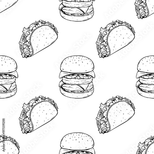 Hand Drawn Delicious Burger and Taco Seamless Pattern
