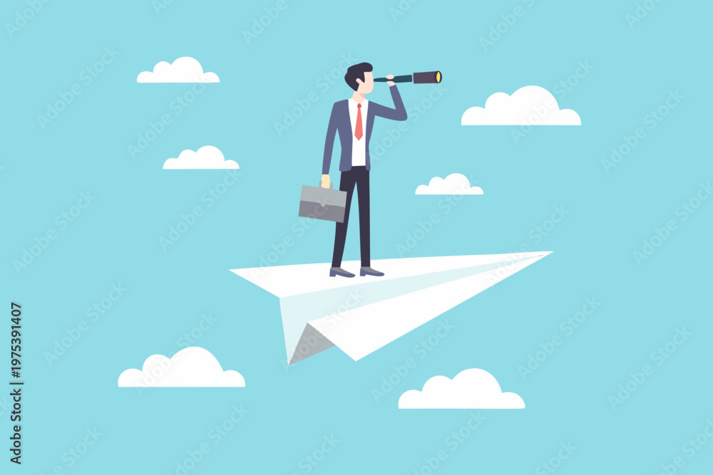 Obraz premium A businessman searches for opportunity while flying on a paper airplane
