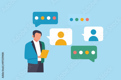 A man using a tablet in a virtual meeting with multiple participants