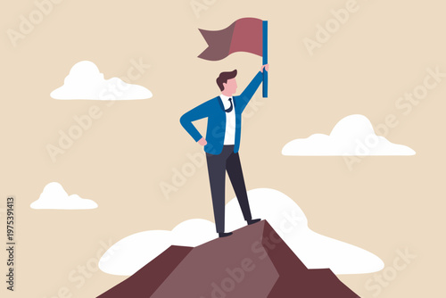 A businessman stands triumphantly atop a mountain waving a flag