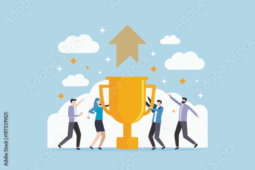 Team celebrating success with a golden trophy and upward arrow illustration