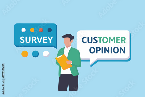 A man presenting a survey and requesting customer opinions with speech bubbles