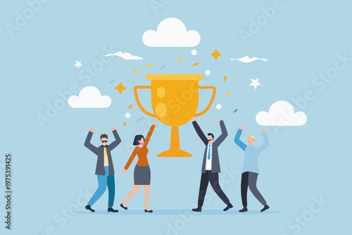 Celebratory team raises hands near a golden trophy under a cloudy sky