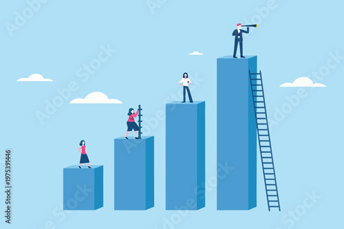 People climbing ascending blocks representing growth and future vision
