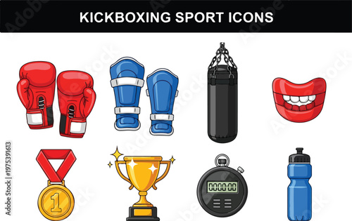 Set of various kickboxing sport icons including gloves, mouthguard, medal, trophy, stopwatch, and punching bag