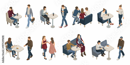 Isometric illustration depicting people socializing and relaxing in a cafe setting